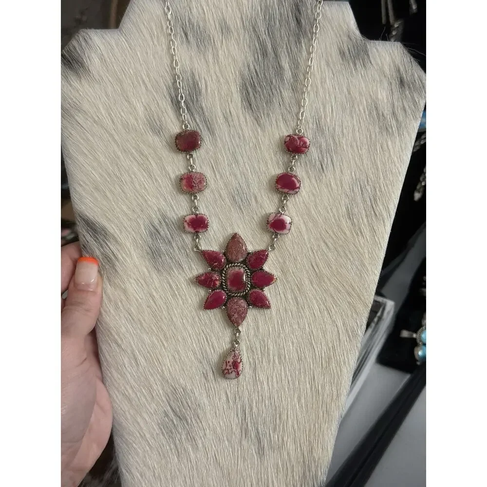 Native American SW Sterling Silver Pink Red Jasper Huge Cluster Necklace Lariat